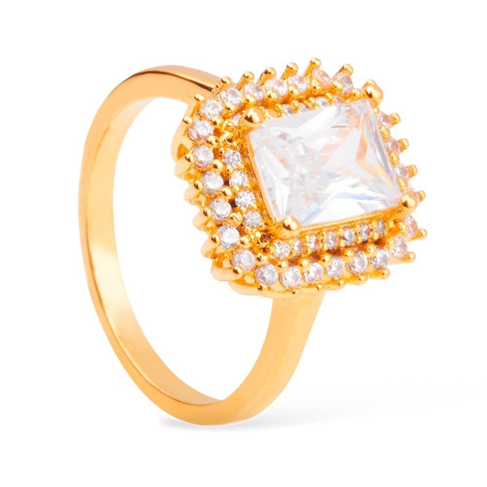 Anel Dourado Solitário com Zircônia Auryn - Minha loja