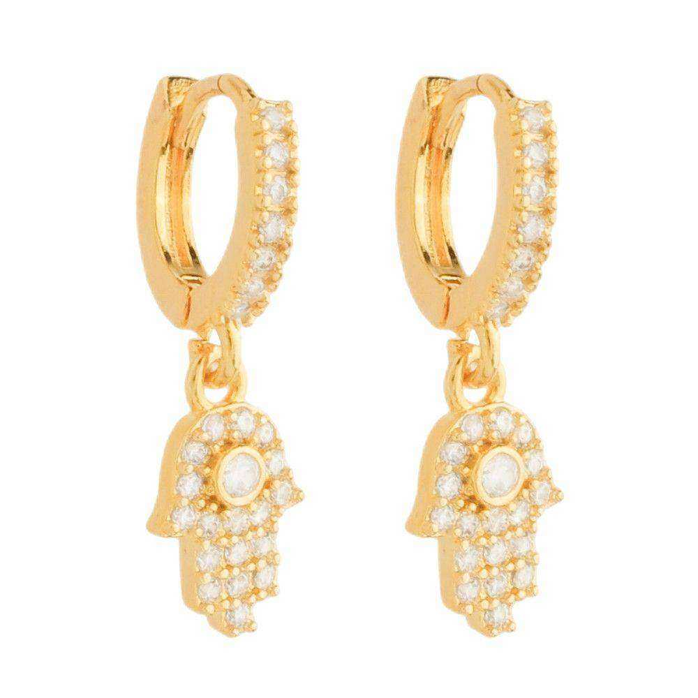 Brinco Dourado Argolinha Mãos de Fátima Cravejado Zircônia Auryn - Minha loja