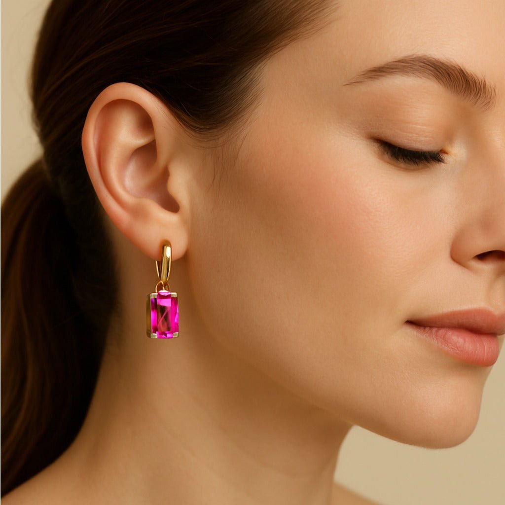 Brinco Dourado Argolinha Pedra Retangular Rosa Auryn - Minha loja