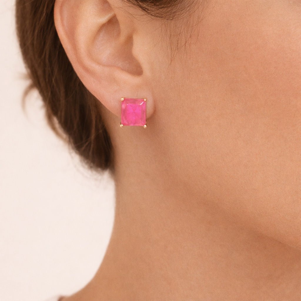 Brinco Dourado de Pedra Retangular Rosa Auryn - Minha loja