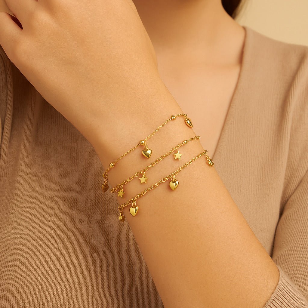 Bundle: Pulseira Dourada Bolinha | Pulseira Dourada Pingente Coração | Pulseira Dourada Pingente Coração e Estrelas - Minha loja