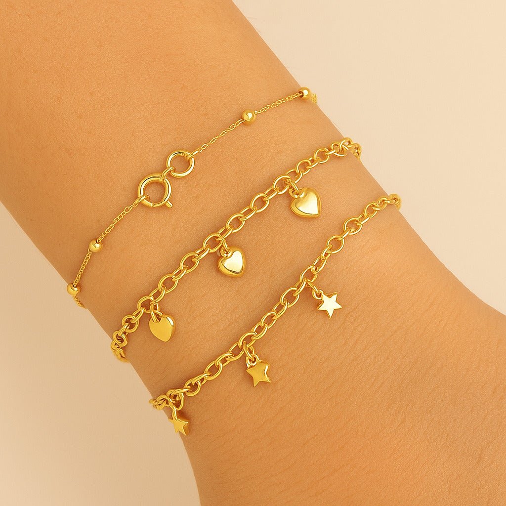 Bundle: Pulseira Dourada Bolinha | Pulseira Dourada Pingente Coração | Pulseira Dourada Pingente Coração e Estrelas - Minha loja