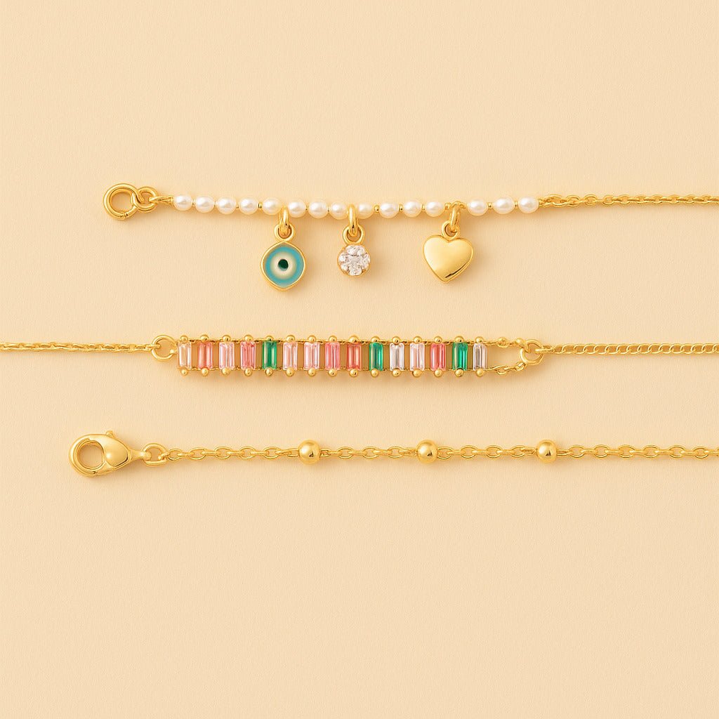 Bundle: Pulseira Dourada de Pérolas | Pulseira Dourada de Pedras | Pulseira Dourada Cruz - Minha loja