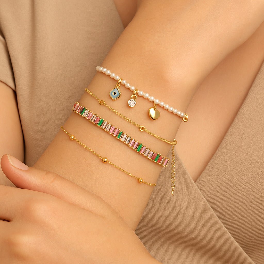 Bundle: Pulseira Dourada de Pérolas | Pulseira Dourada de Pedras | Pulseira Dourada Cruz - Minha loja