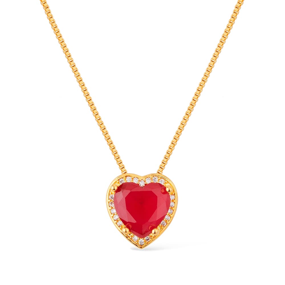 Colar Dourado de Pedra Natural Vermelha Coração Cravejado de Zircônia Auryn - Minha loja