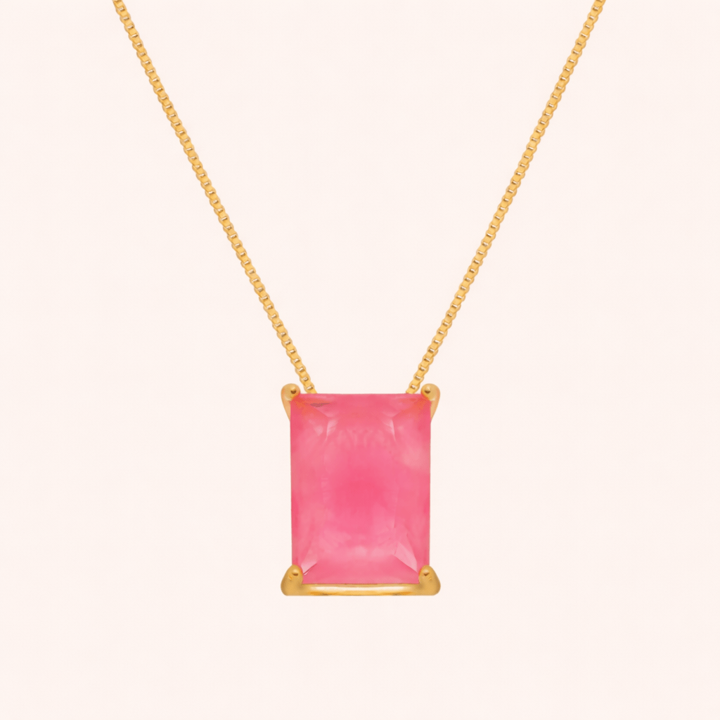 Colar Dourado de Pedra Retangular Rosa Auryn - Minha loja