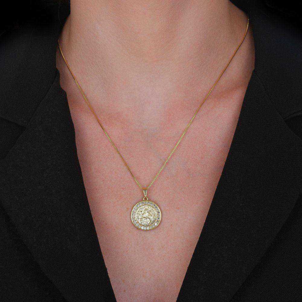 Colar Dourado Medalha São Miguel Arcanjo Cravejado de Zircônia Auryn - Minha loja