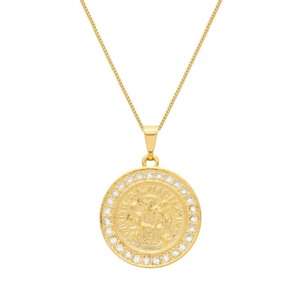 Colar Dourado Medalha São Miguel Arcanjo Cravejado de Zircônia Auryn - Minha loja