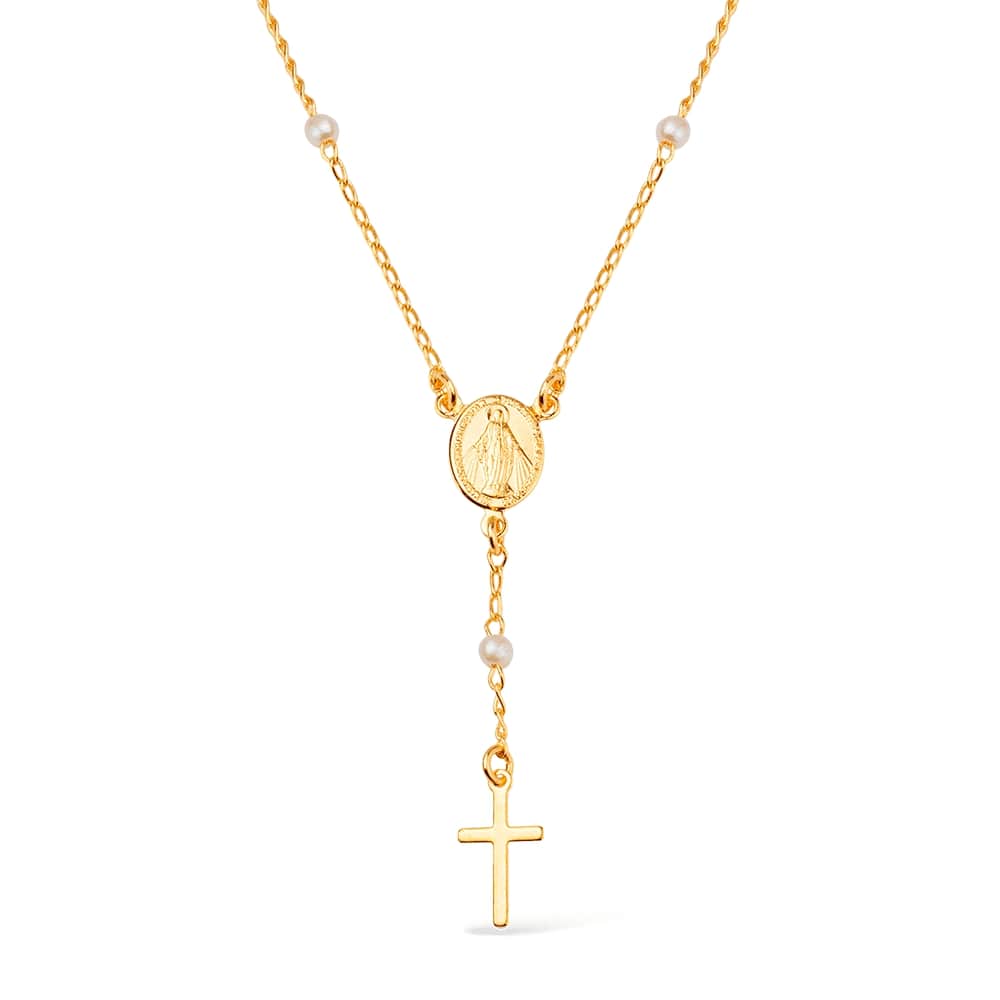 Colar Dourado Religioso Terço Cruz e Pérolas Auryn - Minha loja