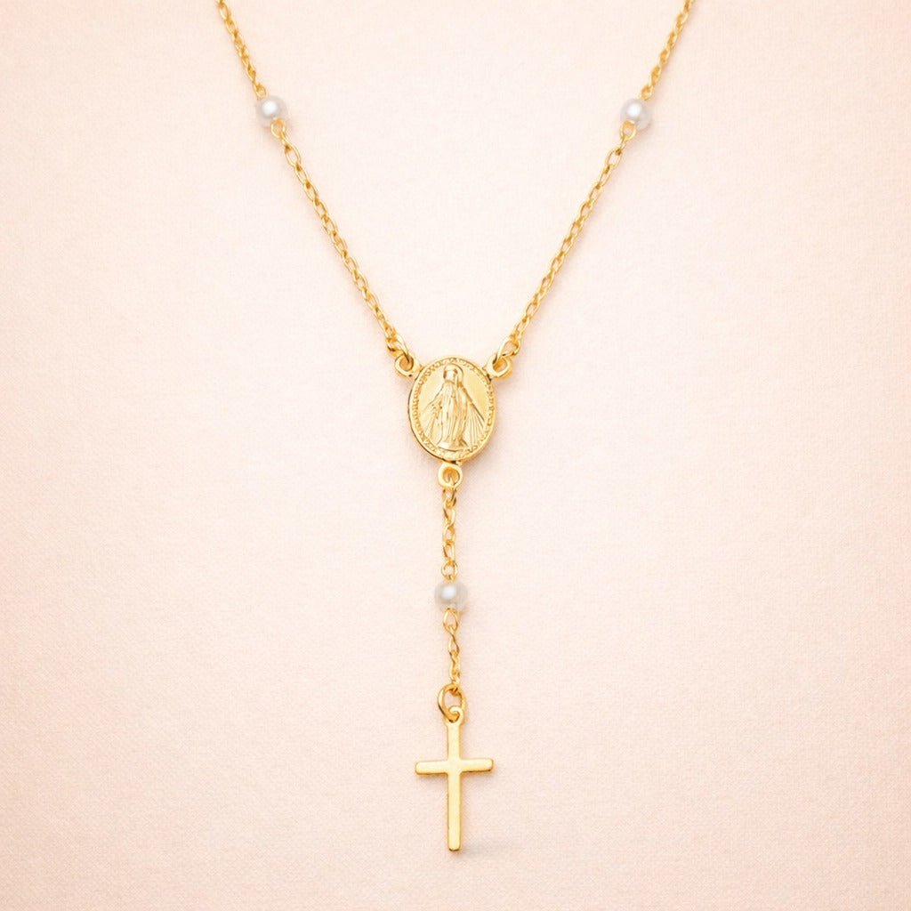 Colar Dourado Religioso Terço Cruz e Pérolas Auryn - Minha loja