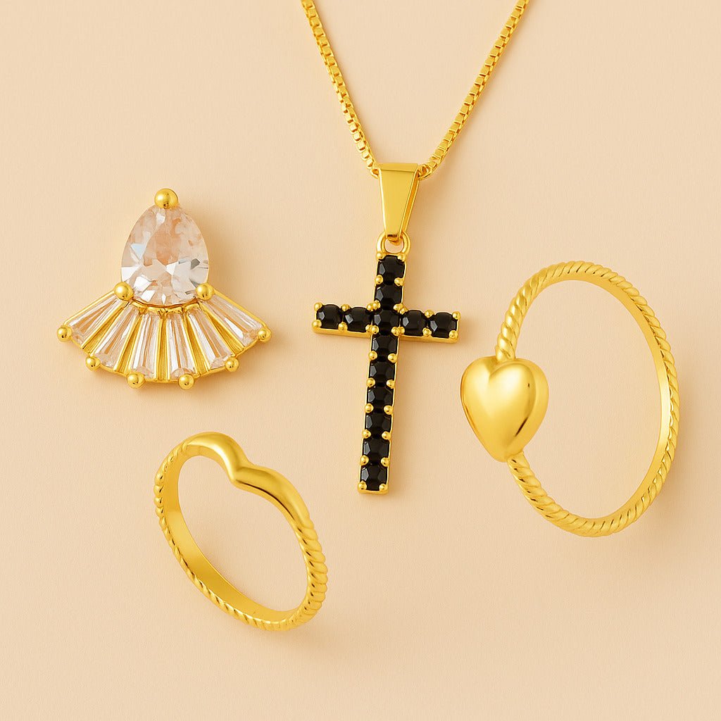 Conjunto de semijoias douradas Auryn com colar de cruz, brinco elegante e anel de falange