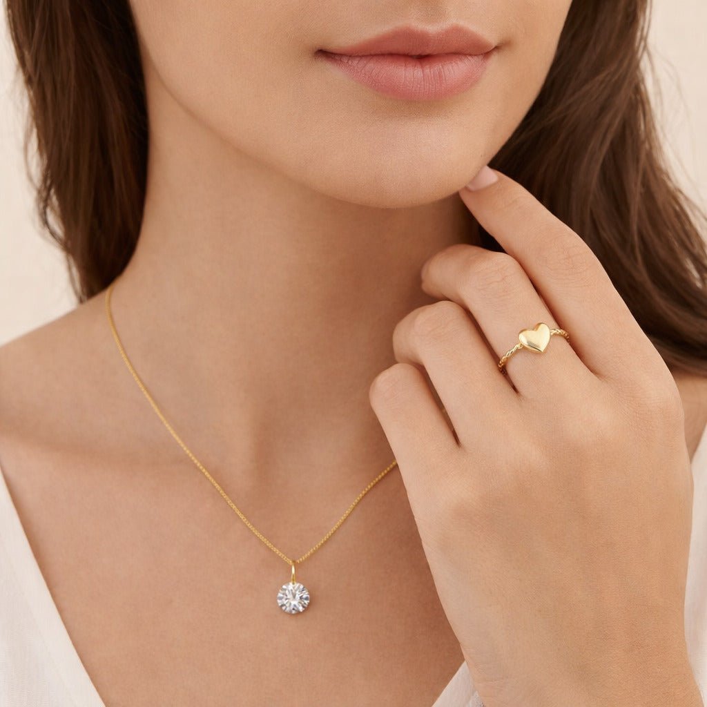 Kit: Anel Banhado a Ouro Falange de Coração e Colar Banhado a Ouro Ponto de Luz com Zircônia - Auryn Store