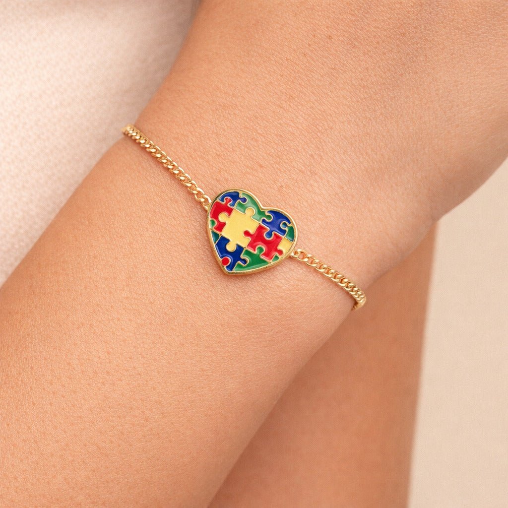 Pulseira Dourada Autismo Formato Coração Auryn - Minha loja