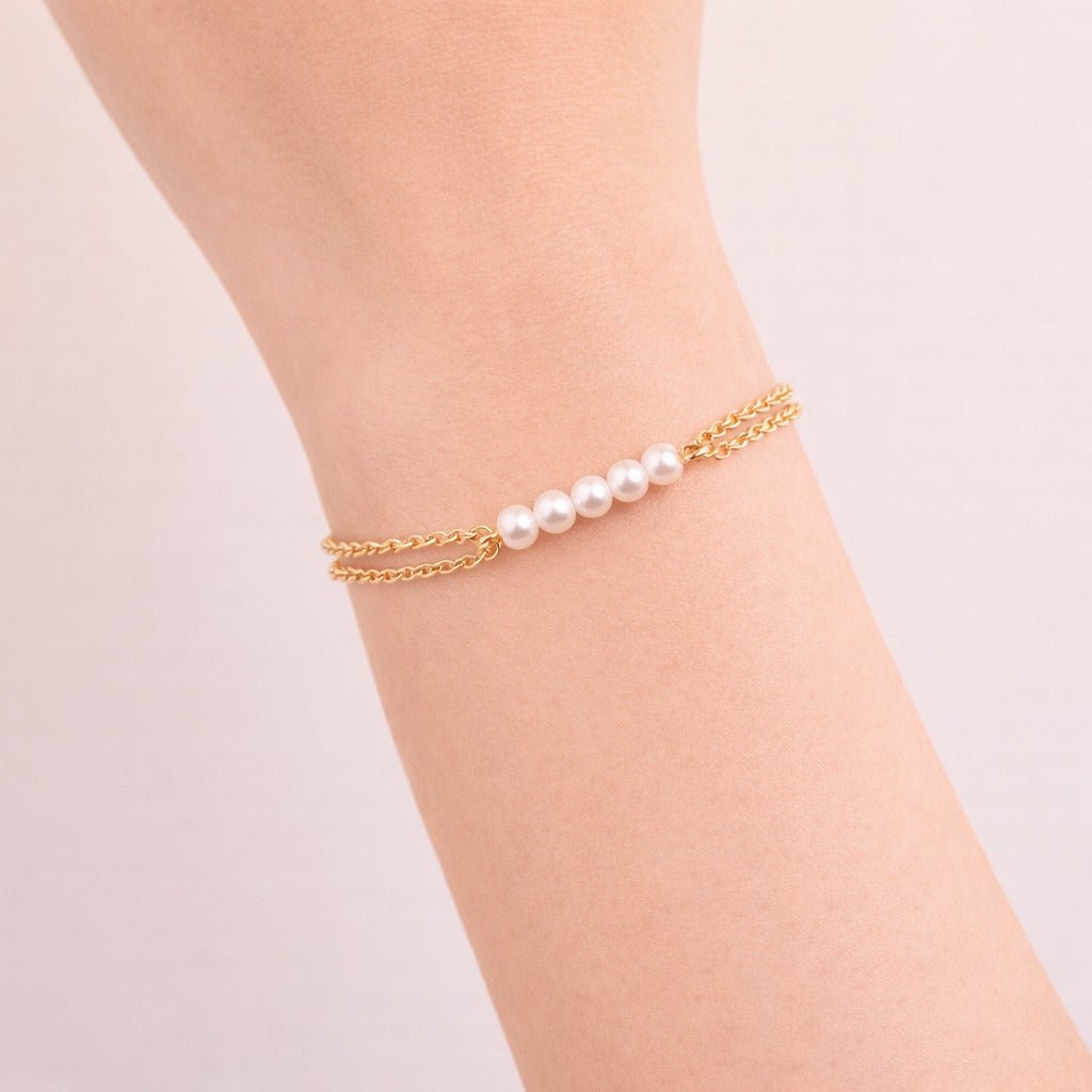 Pulseira Dourada Dupla Elo Português com Pérolas Auryn - Minha loja