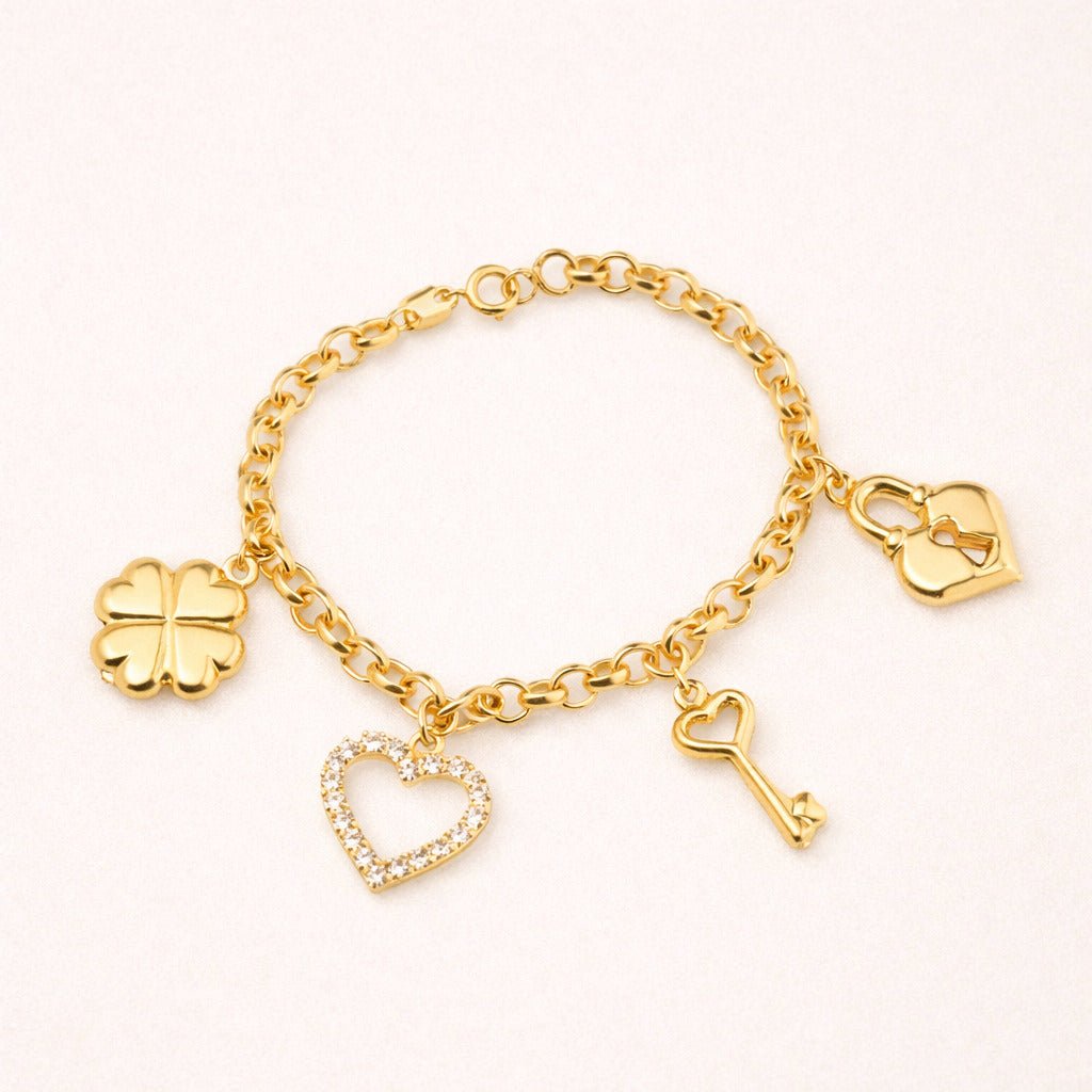 Pulseira Dourada Elo Português com Coração, Cadeado, Trevo e Chave Auryn - Minha loja