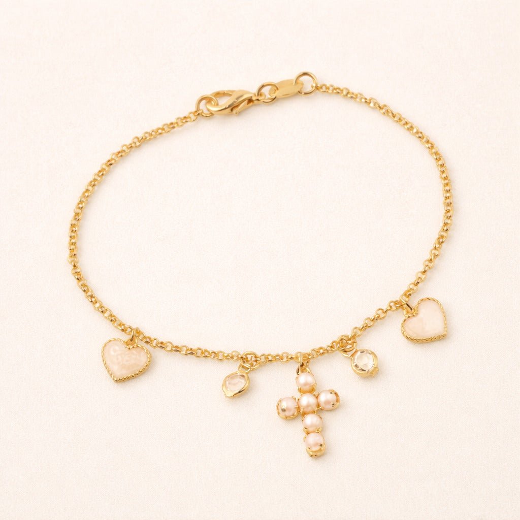 Pulseira Dourada Religiosa Cruz de Pérolas Coração Madrepérola Ponto de Luz Auryn - Minha loja