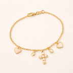 Pulseira Dourada Religiosa Cruz de Pérolas Coração Madrepérola Ponto de Luz Auryn - Minha loja