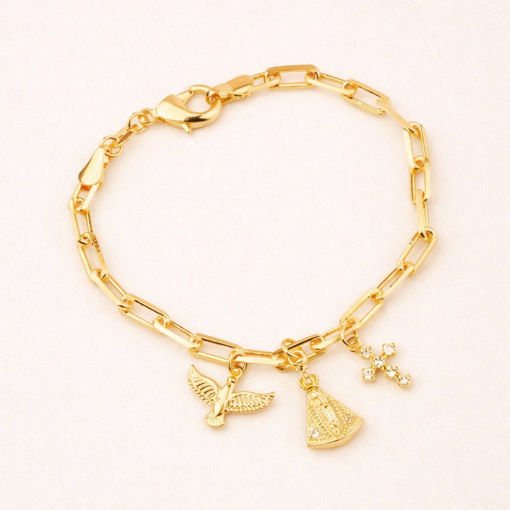 Pulseira Dourada Religiosa Nossa Senhora, Espírito Santo e Cruz Cravejada de Zircônia Auryn - Minha loja