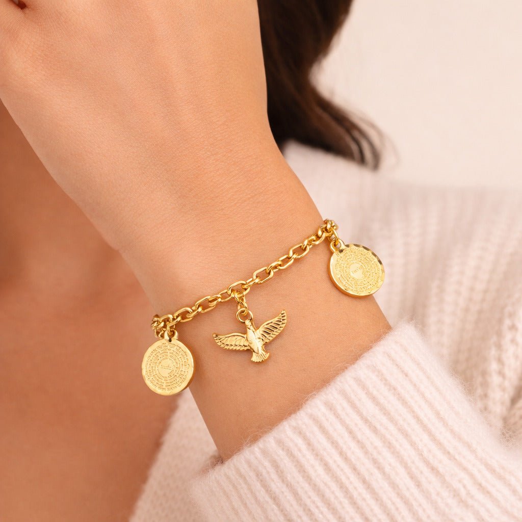 Pulseira Dourada Religiosa Pai Nosso e Espírito Santo Auryn - Minha loja