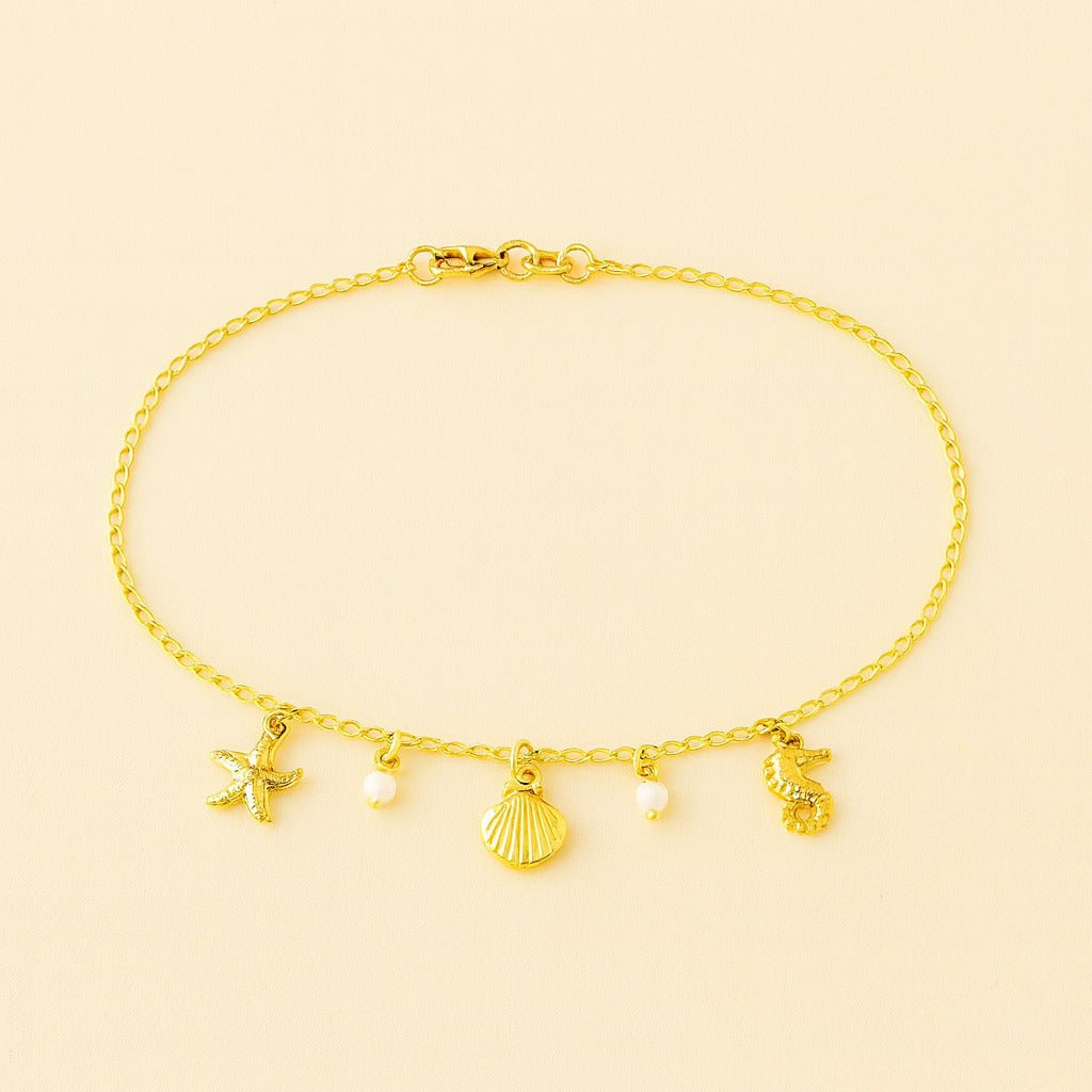 Tornozeleira Dourada Fundo do Mar e Pérolas Auryn - Minha loja